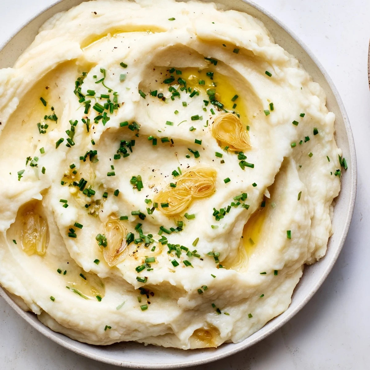 Fluffy Roasted Garlic Mashed Cauliflower, pureed until creamy and ready to serve with your meal.