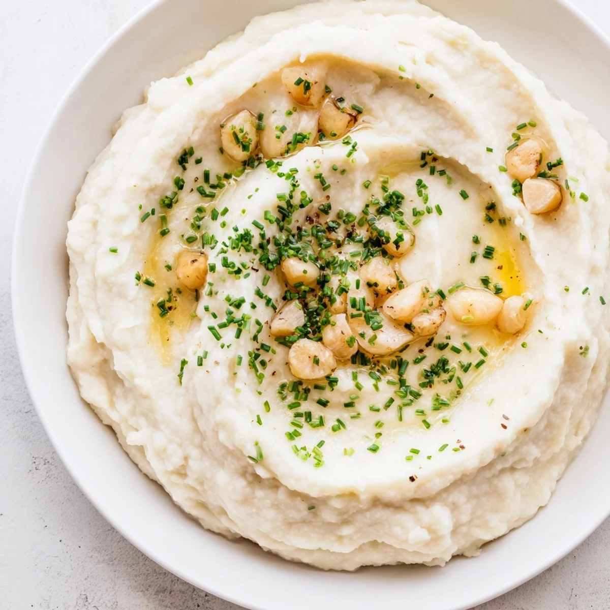 A close-up of creamy, flavorful Roasted Garlic Mashed Cauliflower, garnished with fresh chives.