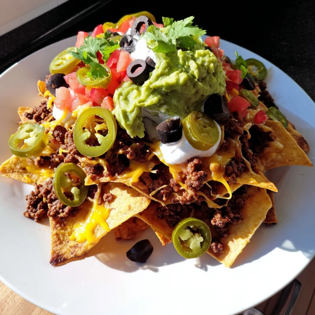 A delicious close-up of fully loaded beef nachos with visible melted cheese and fresh toppings.