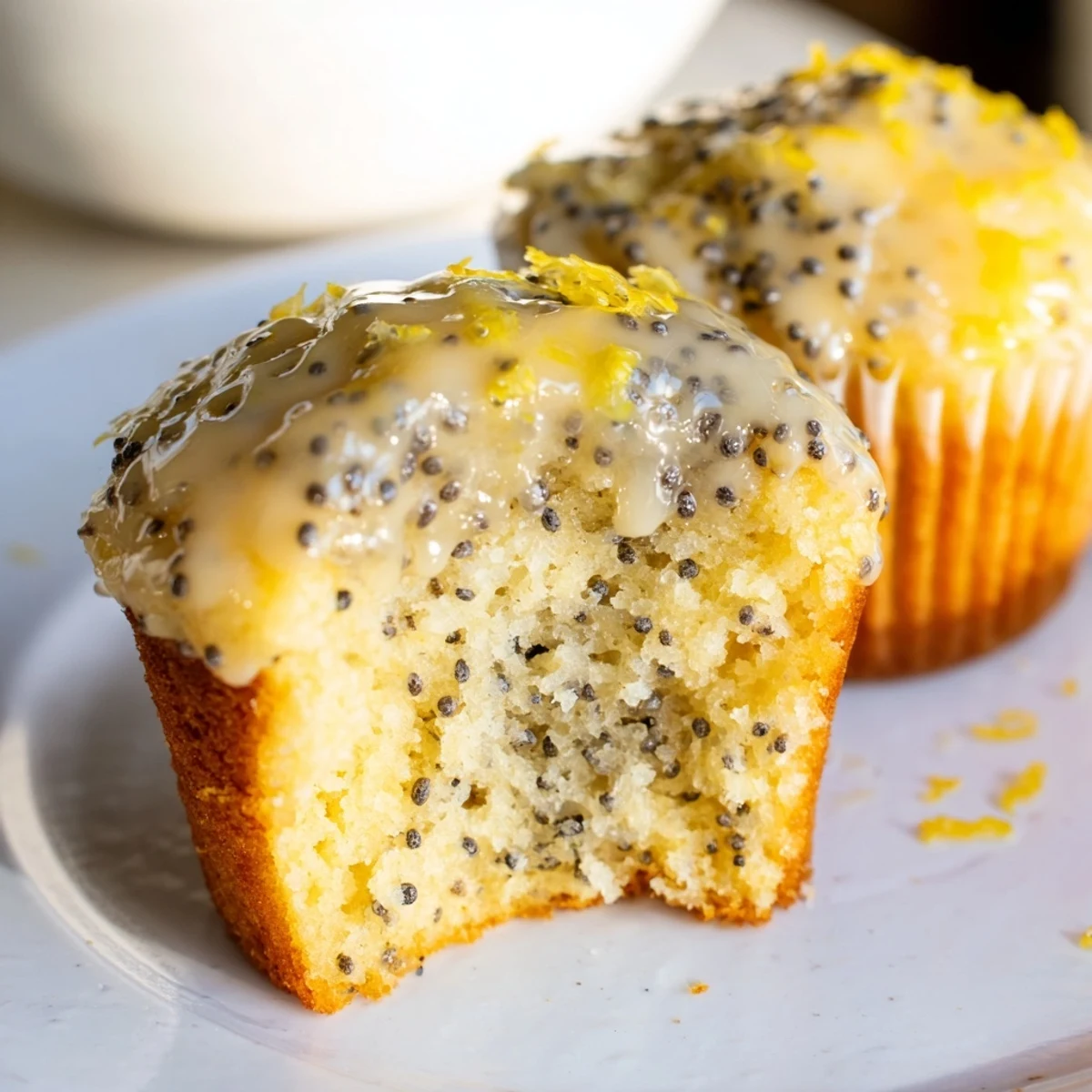 Close-up of fluffy Lemon Poppy Seed Muffins, freshly baked with a glistening lemon glaze, ready to eat.
