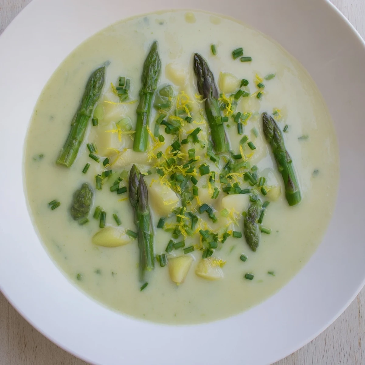 Creamy Asparagus Soup, garnished with fresh herbs and lemon zest, ready to be served.