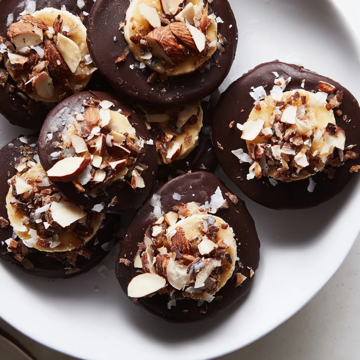 Close-up of decadent dark chocolate coating creamy banana in these easy chocolate covered banana bites.