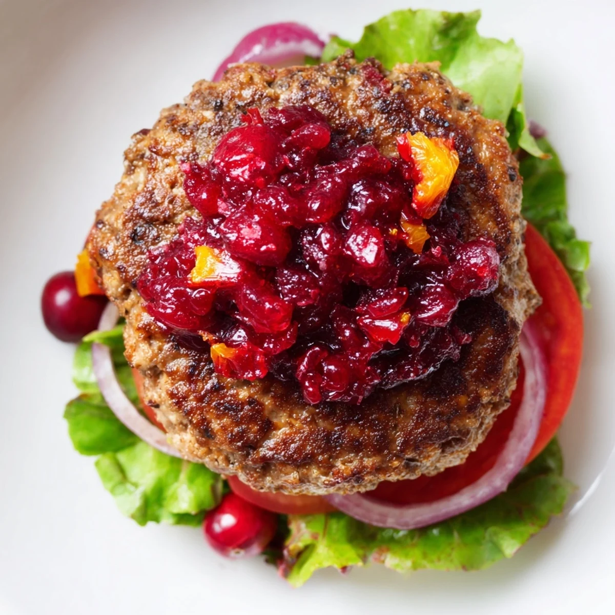 A close-up of perfectly cooked turkey burgers with a generous dollop of homemade cranberry sauce.