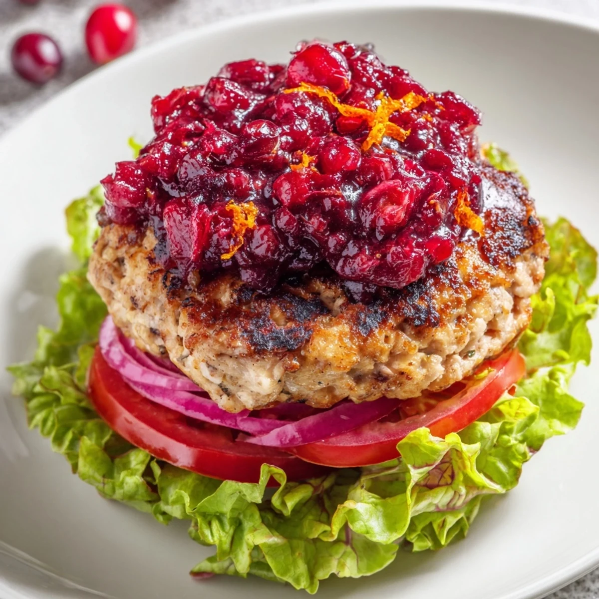 These hearty turkey burgers nestled on buns offer a sweet and savory cranberry sauce pairing.