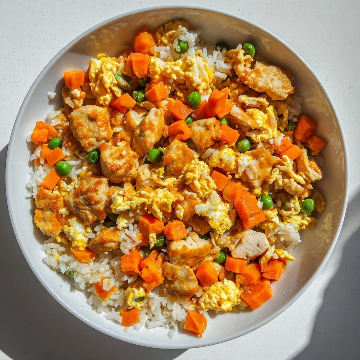 Golden-brown Chicken Fried Rice, with tender chicken and bright peas, ready to serve.