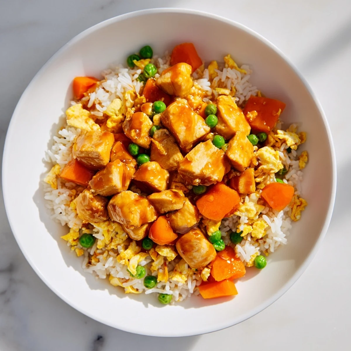 Steaming hot Chicken Fried Rice, showcasing fluffy rice, diced chicken, and colorful veggies.