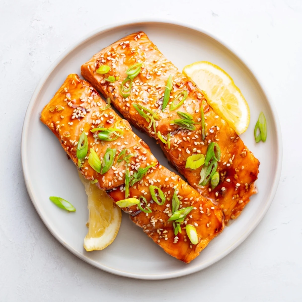 Golden-brown baked salmon, generously brushed with teriyaki glaze, perfect for a flavorful dinner.
