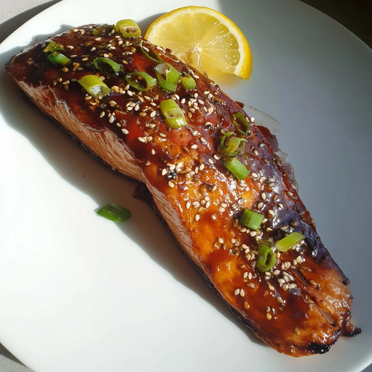 Baked Salmon with Teriyaki Glaze glistening under a savory teriyaki coating, ready to enjoy with a side.