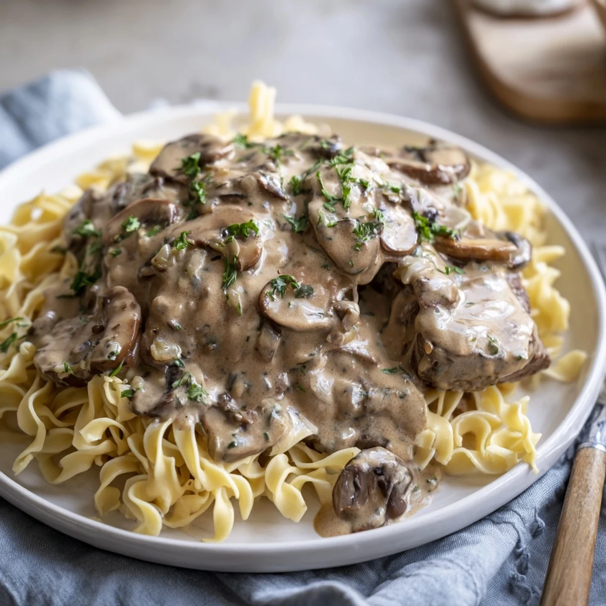 This close-up shows steaming beef stroganoff, a classic comfort food ready to eat for dinner.