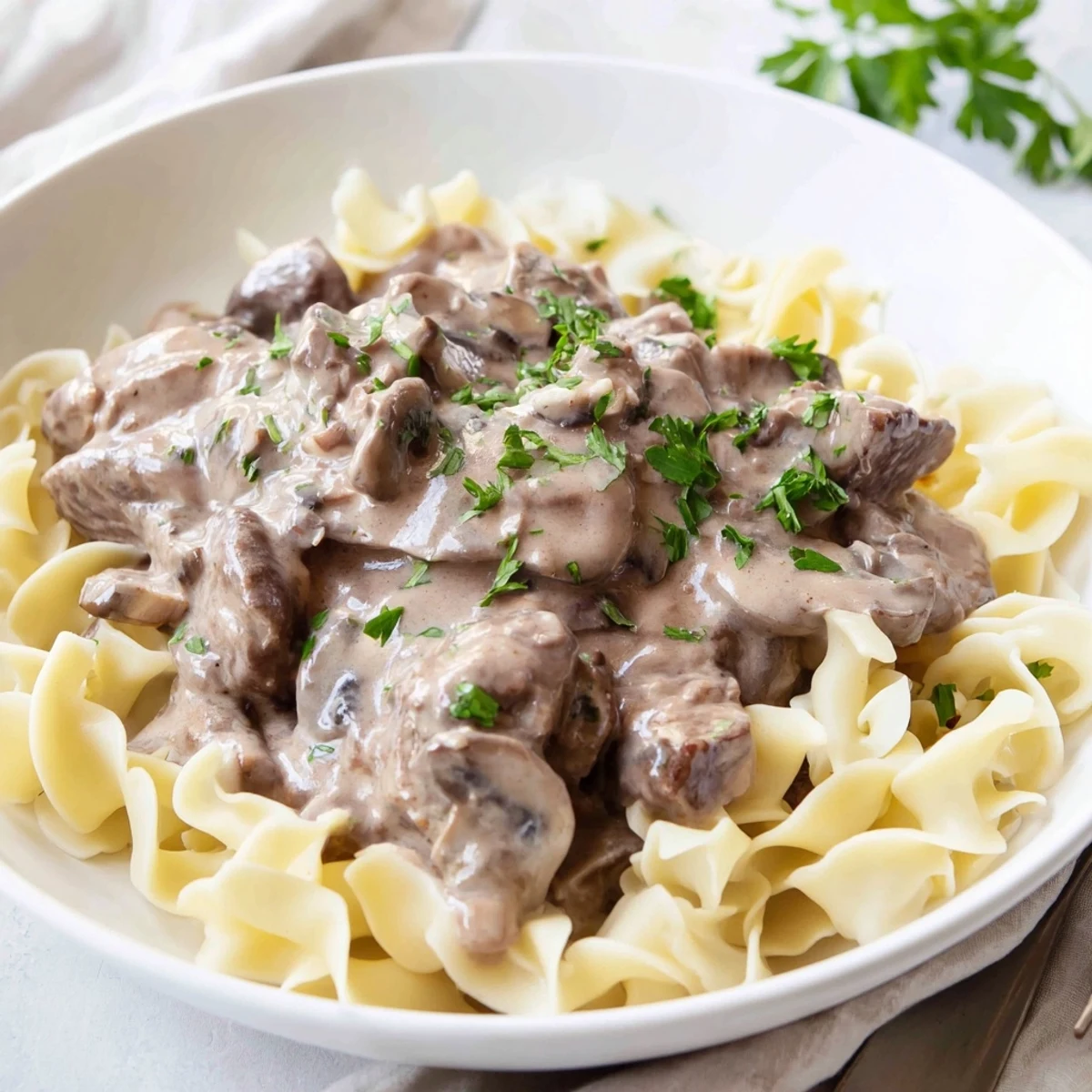 Tender beef stroganoff with a creamy mushroom gravy, served atop a bed of golden egg noodles.