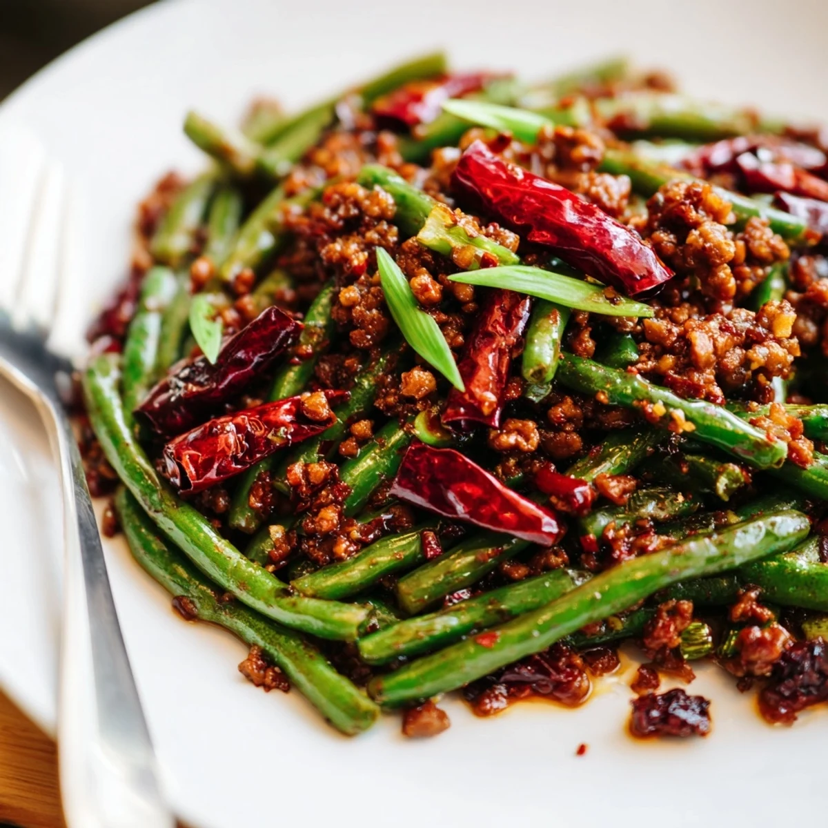 Blanched green beans and browned minced beef tossed in a spicy Szechuan sauce, served hot and glistening in a bowl.