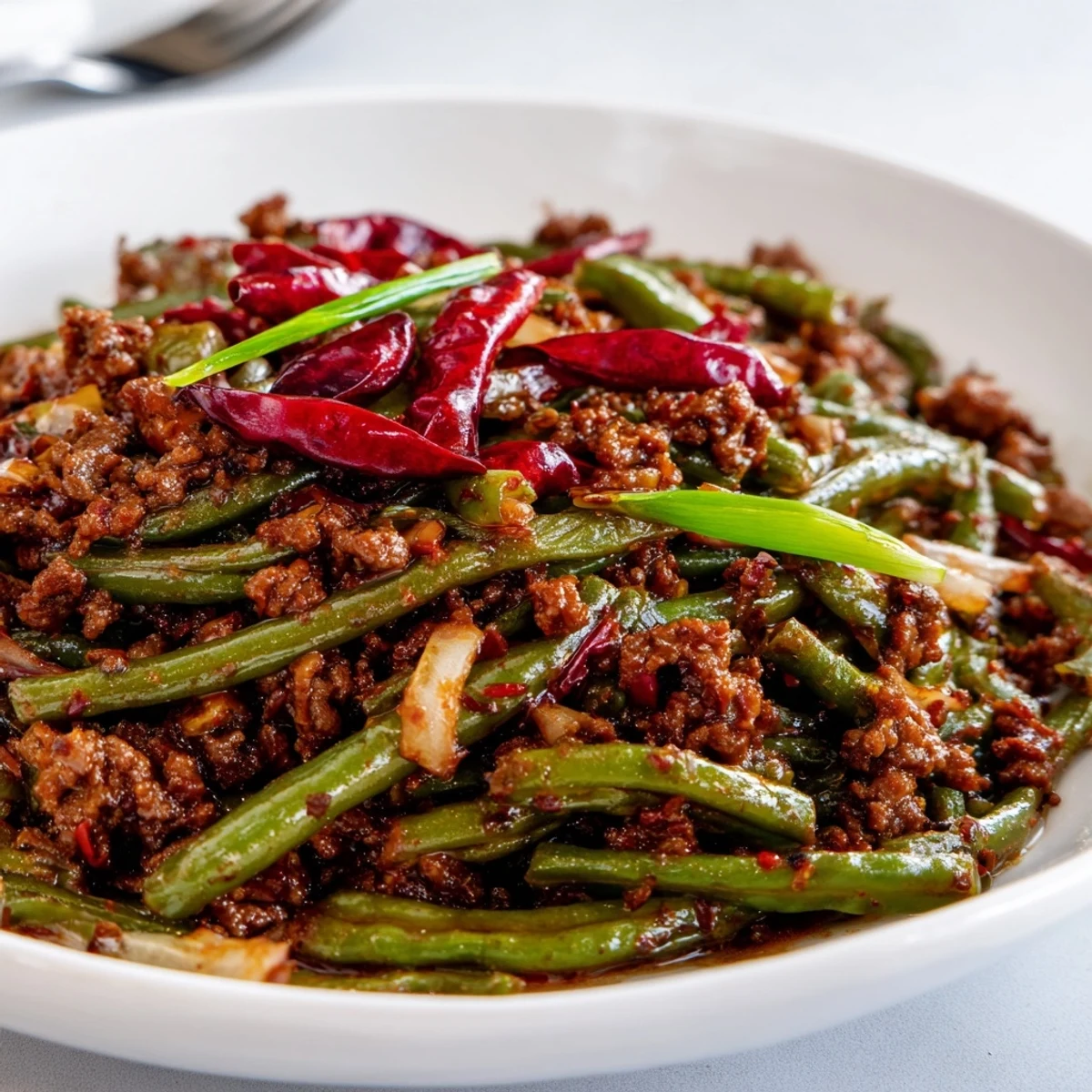 A close-up of Spicy Szechuan Green Beans with Minced Beef on white rice, garnished with scallions for a delicious weeknight meal.