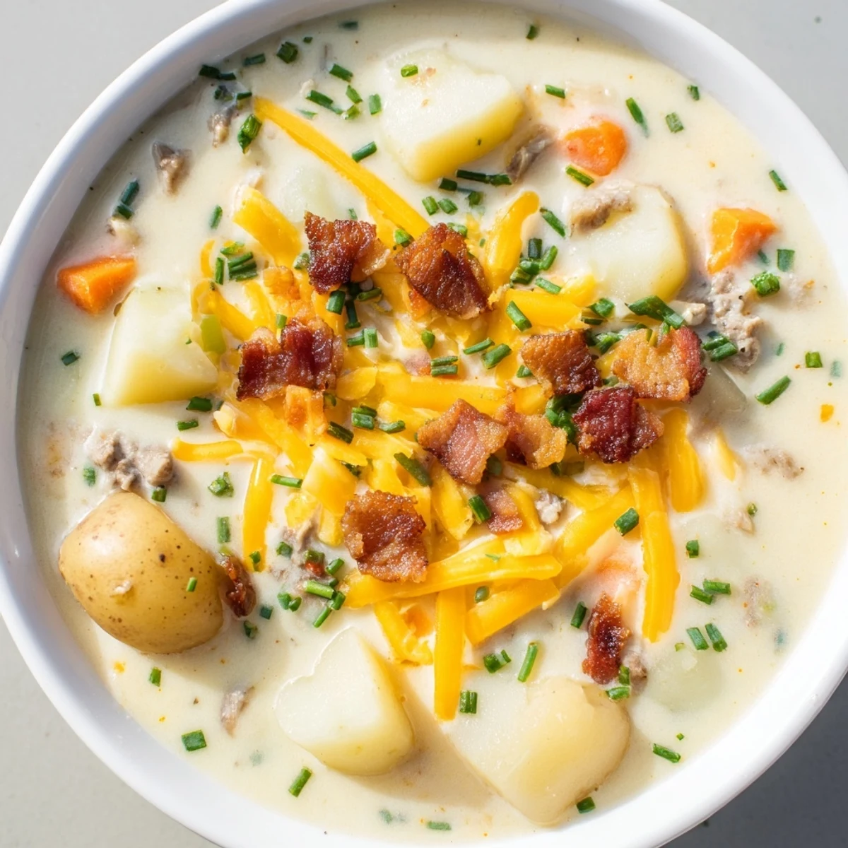 Creamy Potato Soup with Cheese and Beef Bacon steaming in a white bowl, topped with crispy beef bacon bits and fresh chives.