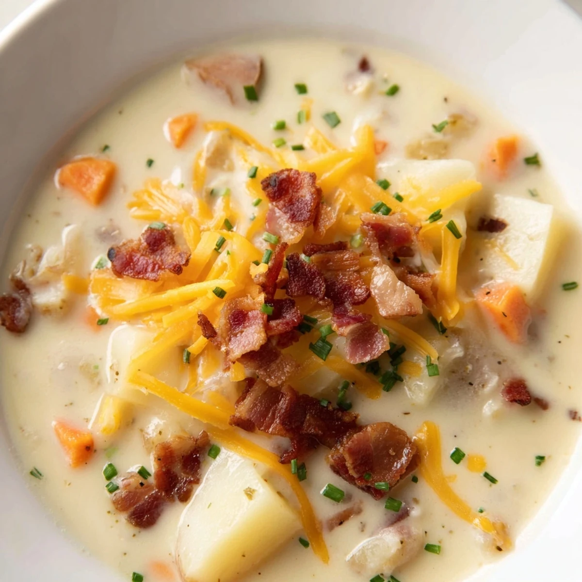 Serving Creamy Potato Soup with Cheese and Beef Bacon, garnished with green onions and a side of crusty bread.