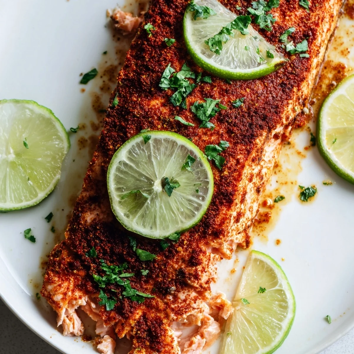 Flaky baked salmon fillets seasoned with bold Cajun spices and fresh lime, served warm on a white plate with lime slices and cilantro.
