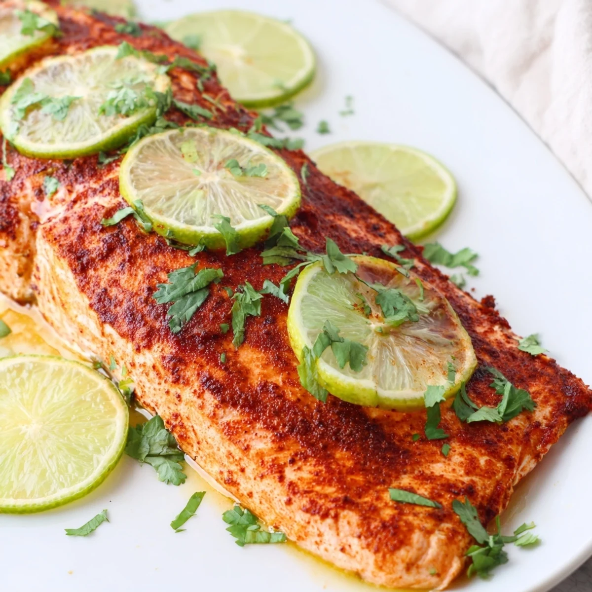 Perfectly cooked salmon with Cajun seasoning and lime, ready to serve with roasted vegetables or a crisp green salad for dinner.