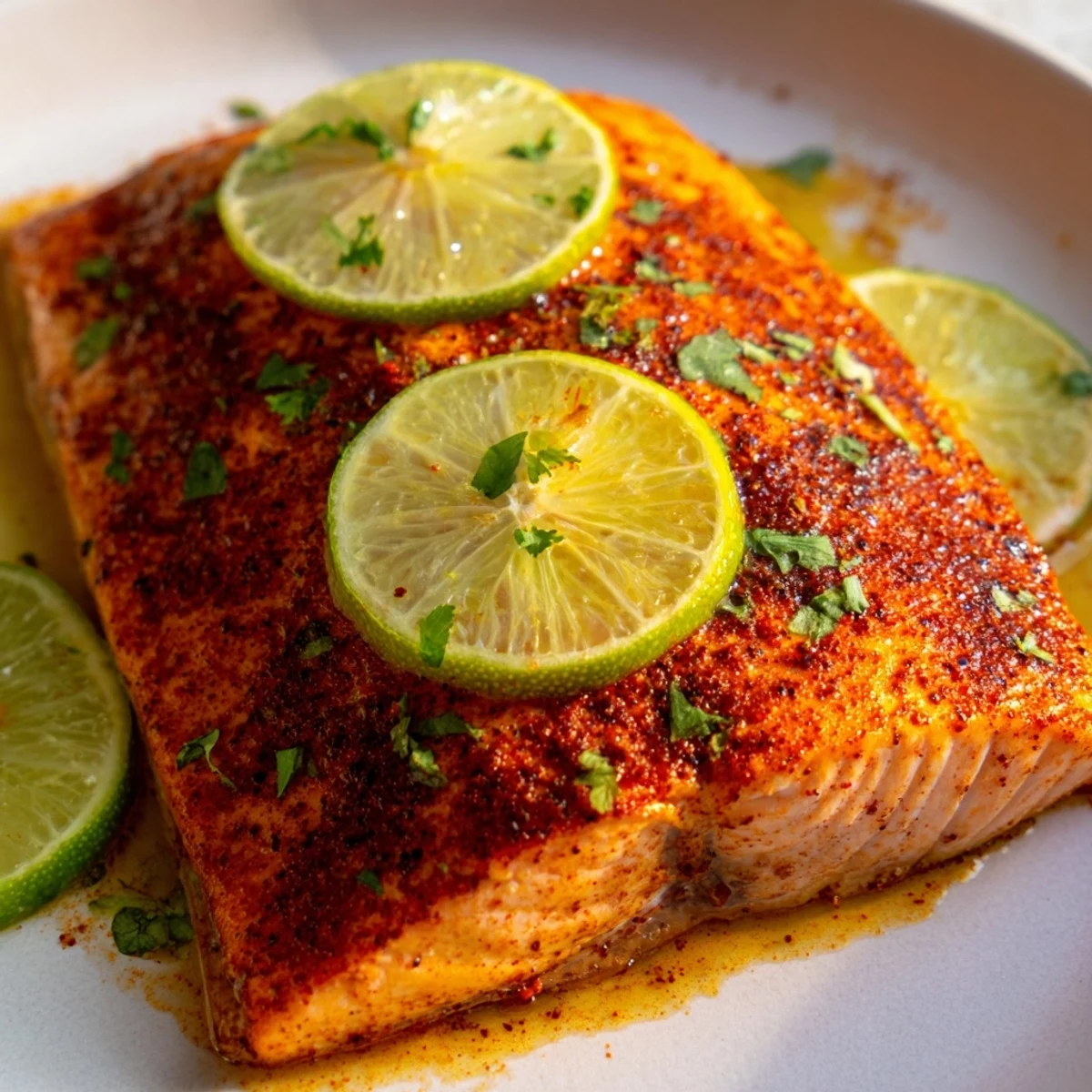Golden baked salmon fillet with Cajun seasoning and a bright squeeze of lime, garnished with fresh cilantro for a vibrant main dish.