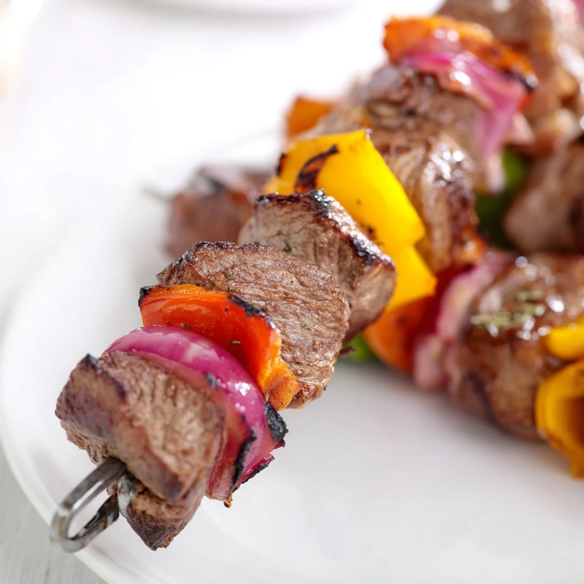 Tender beef kebabs with bell peppers and red onion, sizzling on the grill with visible char marks.