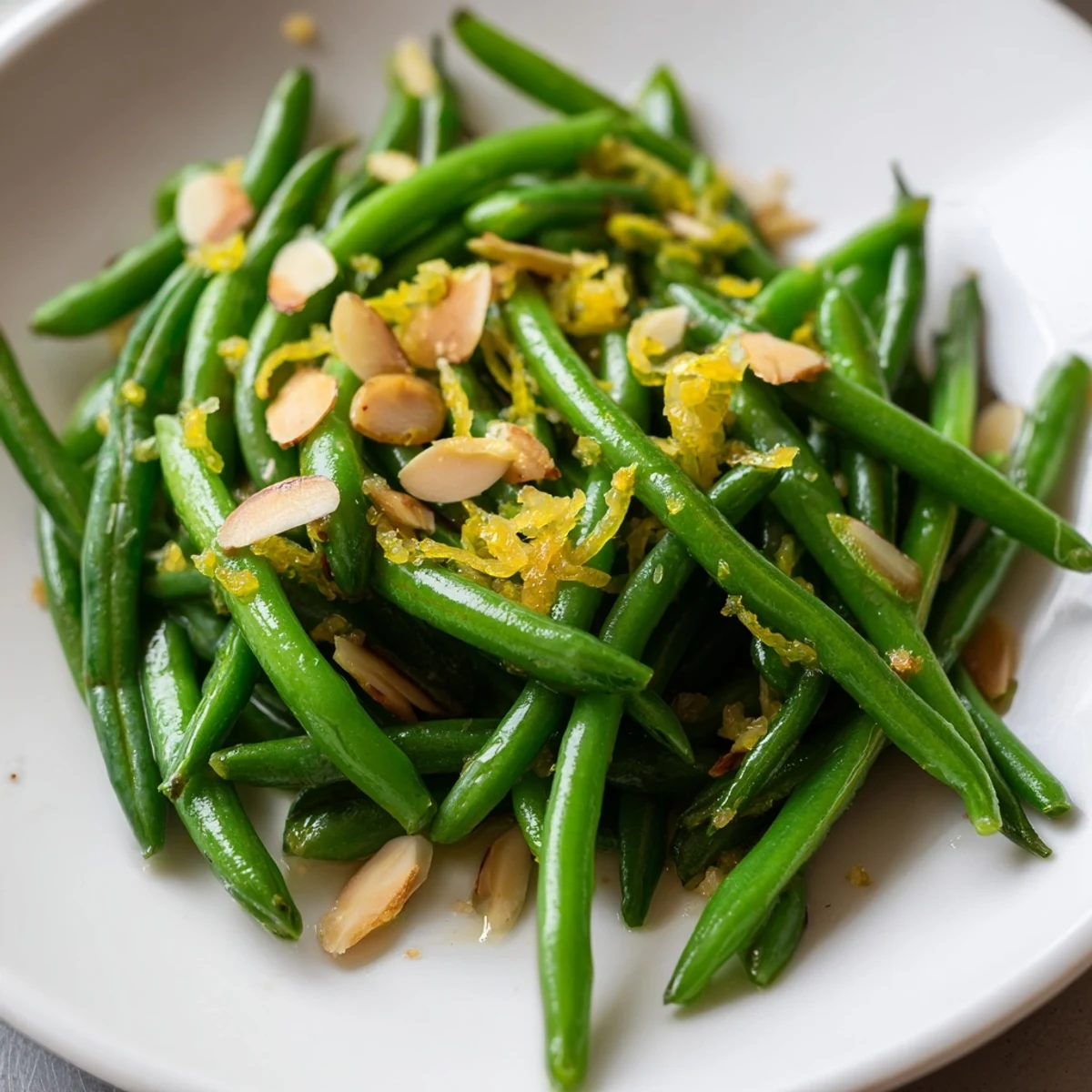 Tender crisp green beans with minced garlic and zesty lemon, garnished with golden toasted almonds on a white serving platter.