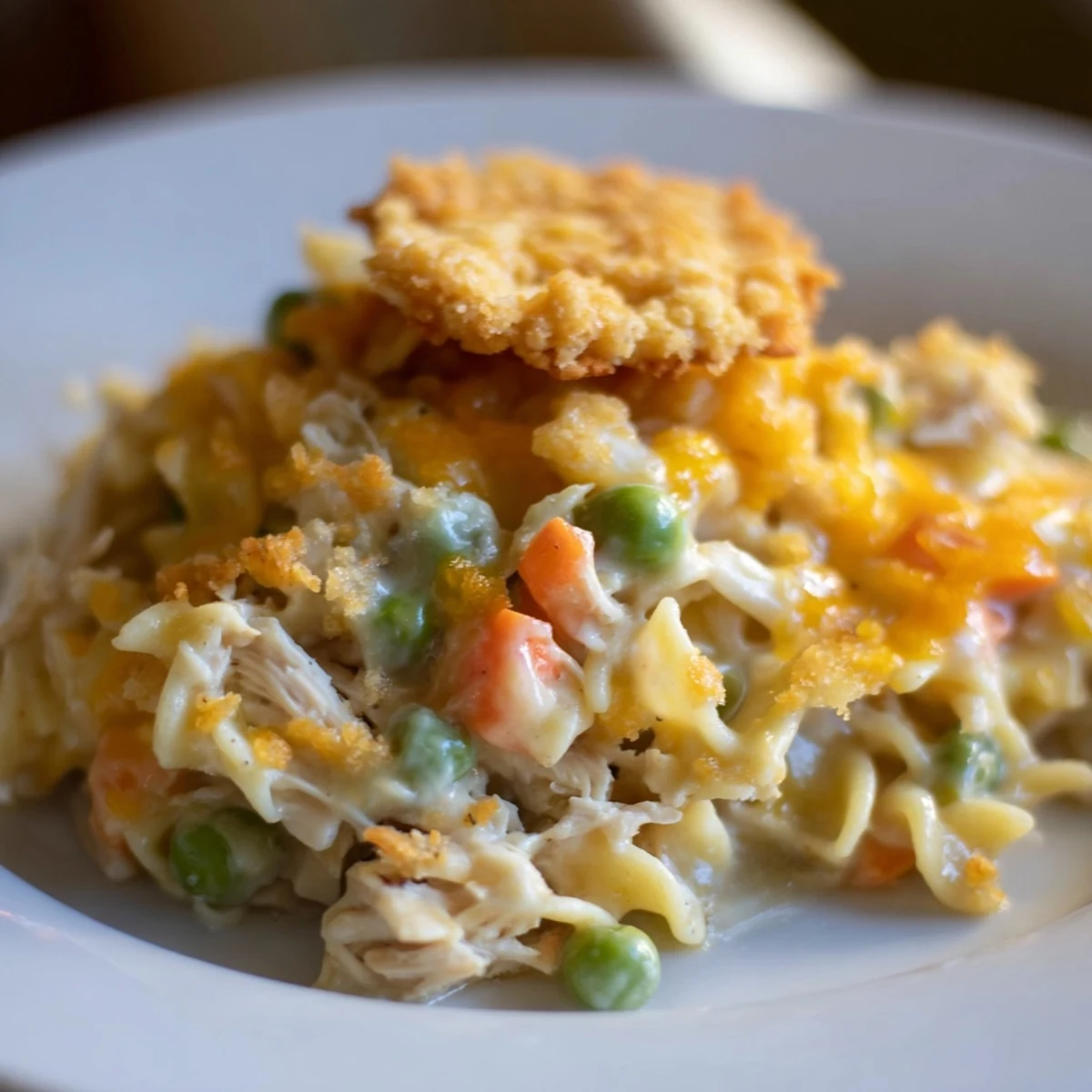 Freshly baked Chicken Noodle Casserole with Cracker Crumble bubbling from the oven with golden, buttery topping.