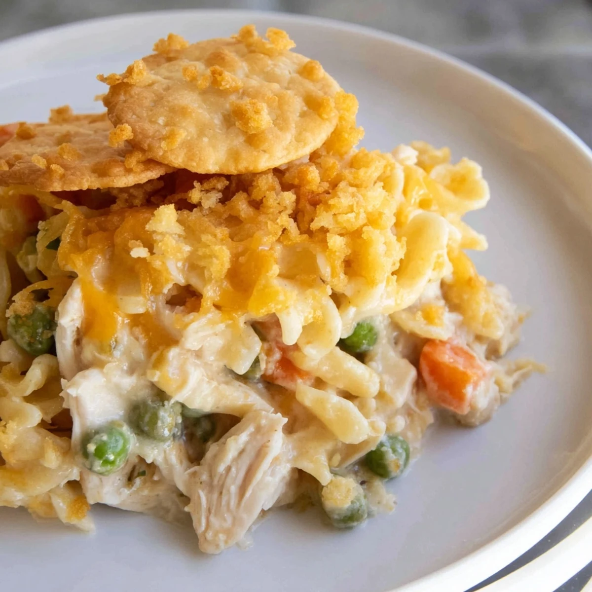 Family-style Chicken Noodle Casserole with Cracker Crumble beside fresh salad, ready to serve for dinner.