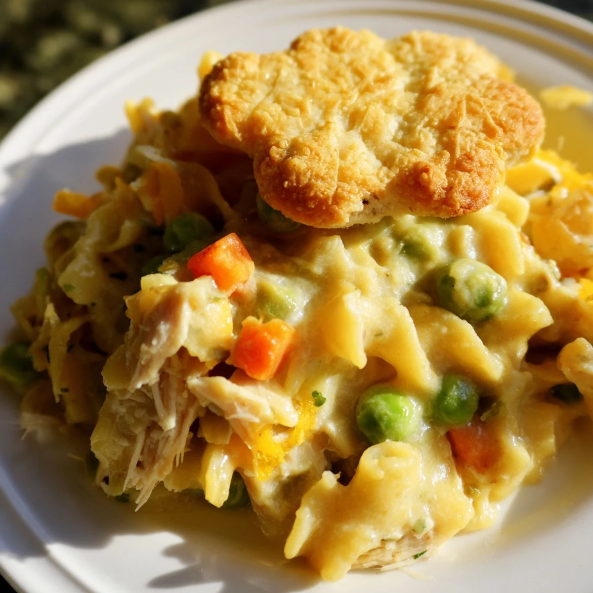 Golden brown Cracker Crumble topping on creamy Chicken Noodle Casserole, served steaming on a rustic table.