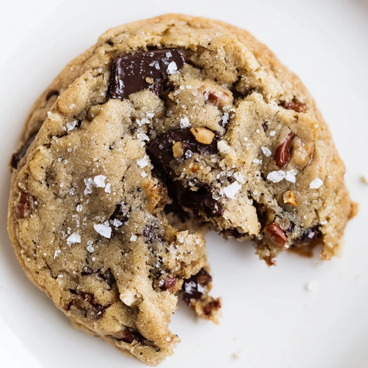 Freshly baked chocolate chip cookies with sea salt flakes are served in a white ceramic bowl with cold milk.