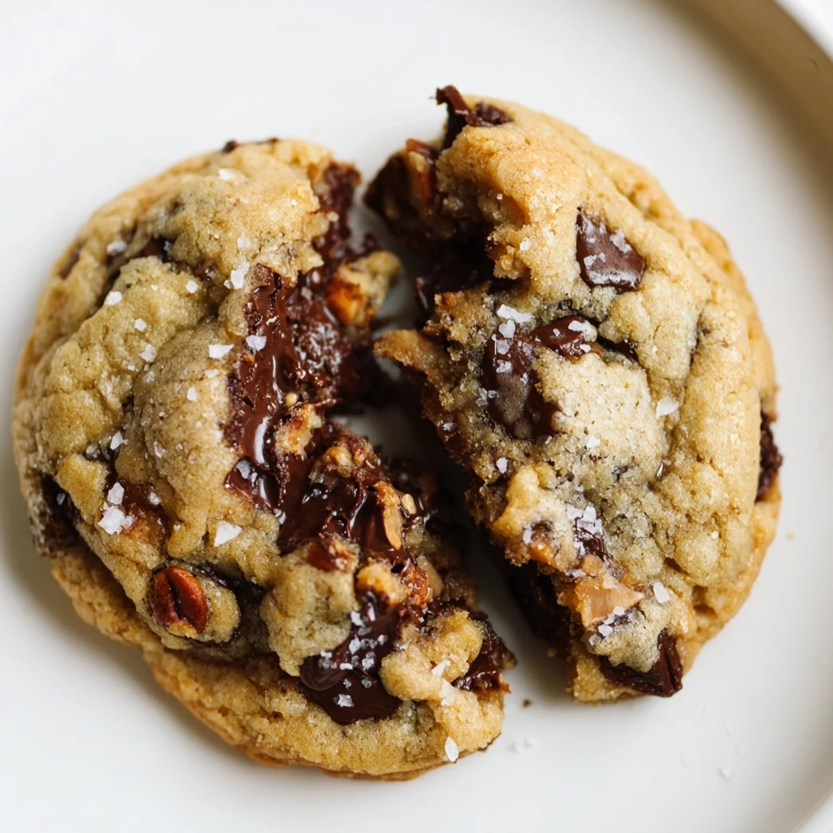 A close-up of a warm chocolate chip cookie with sea salt flakes highlights gooey dark chocolate chunks on a marble surface.