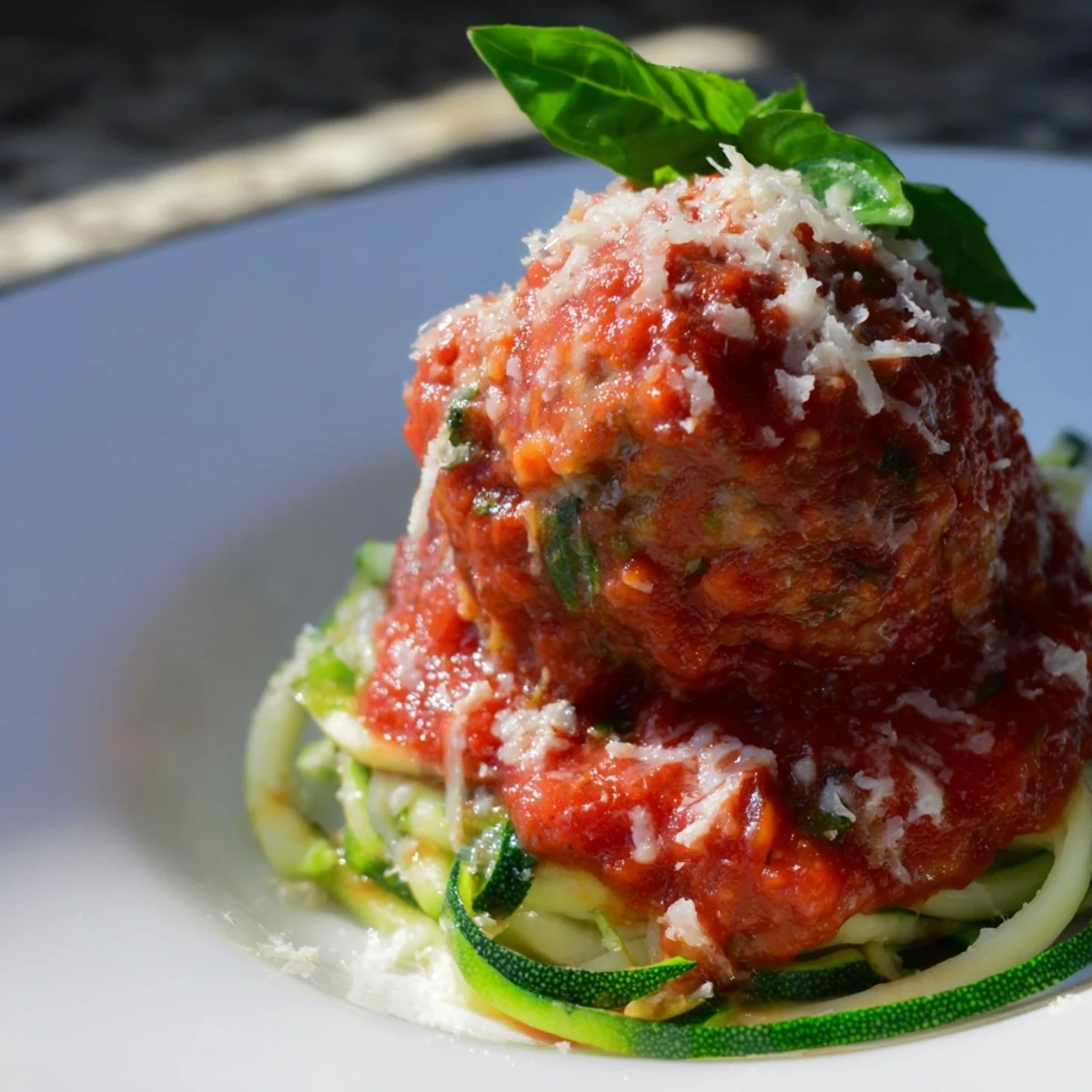 Juicy turkey meatballs simmer in rich marinara sauce, served over lightly sautéed zucchini noodles for a gluten-free meal.