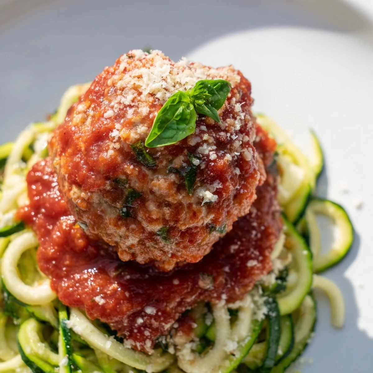 Savory herb-infused turkey meatballs sit atop zucchini noodles, with vibrant red marinara sauce and fresh basil garnish.