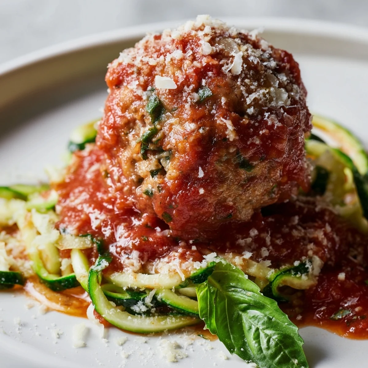 A close-up of golden-brown turkey meatballs with marinara and green zucchini noodles, garnished with fresh basil and Parmesan.