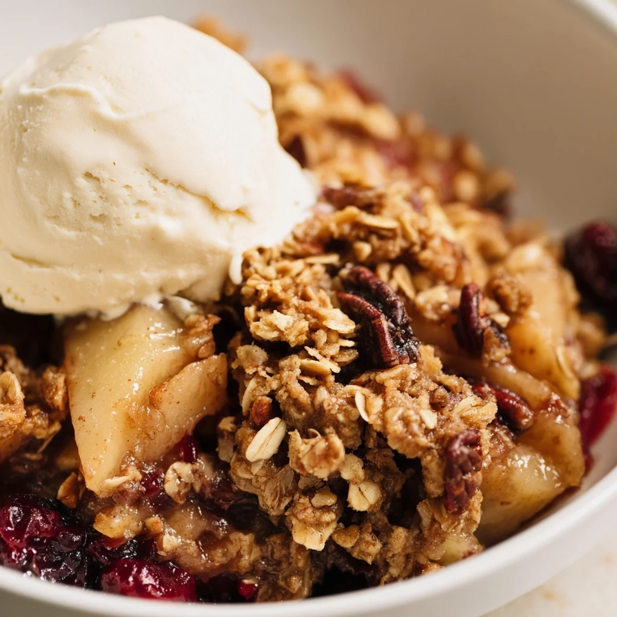 A spoon digs into warm Winter Fruit Crisp with oat crumble, served with vanilla ice cream melting on top.