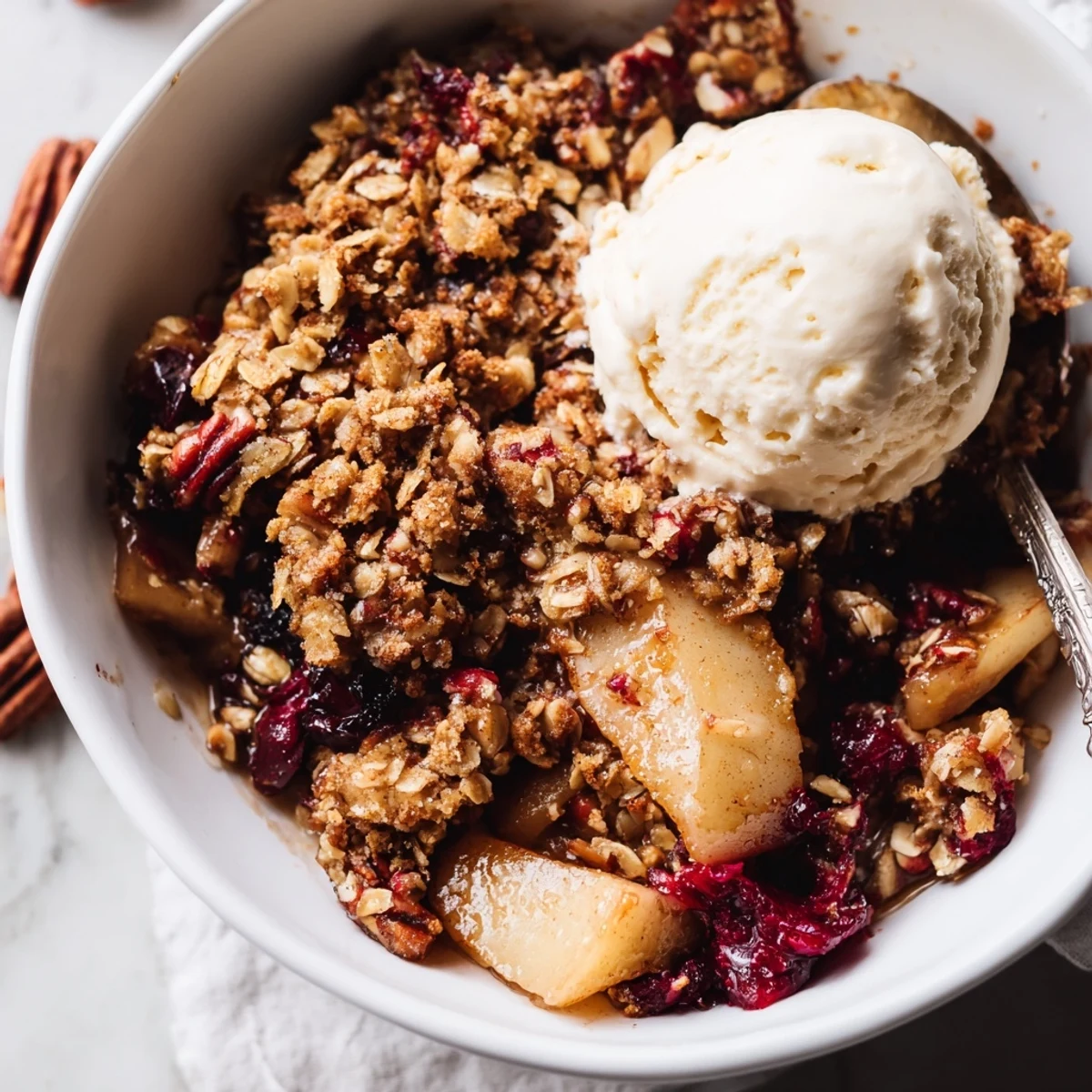 Fresh Winter Fruit Crisp with cranberries is ready to serve, garnished with chopped pecans and a dollop of whipped cream.