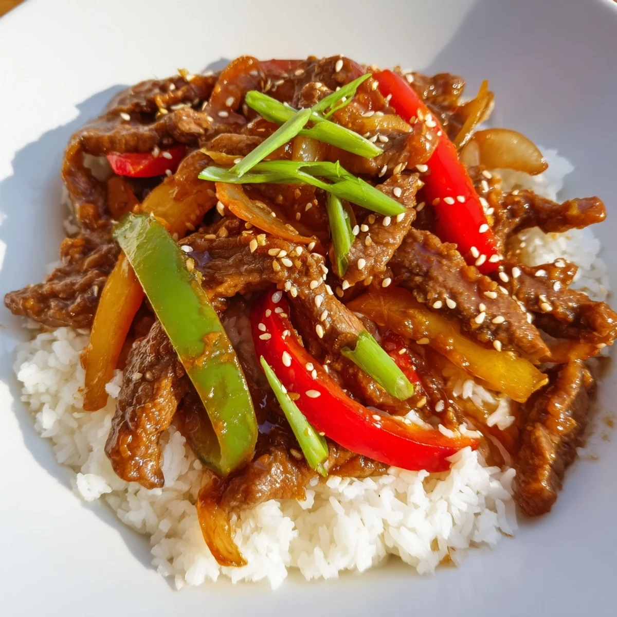 Sizzling strips of flank steak and vibrant bell peppers tossed in a spicy sauce over fluffy steamed rice.