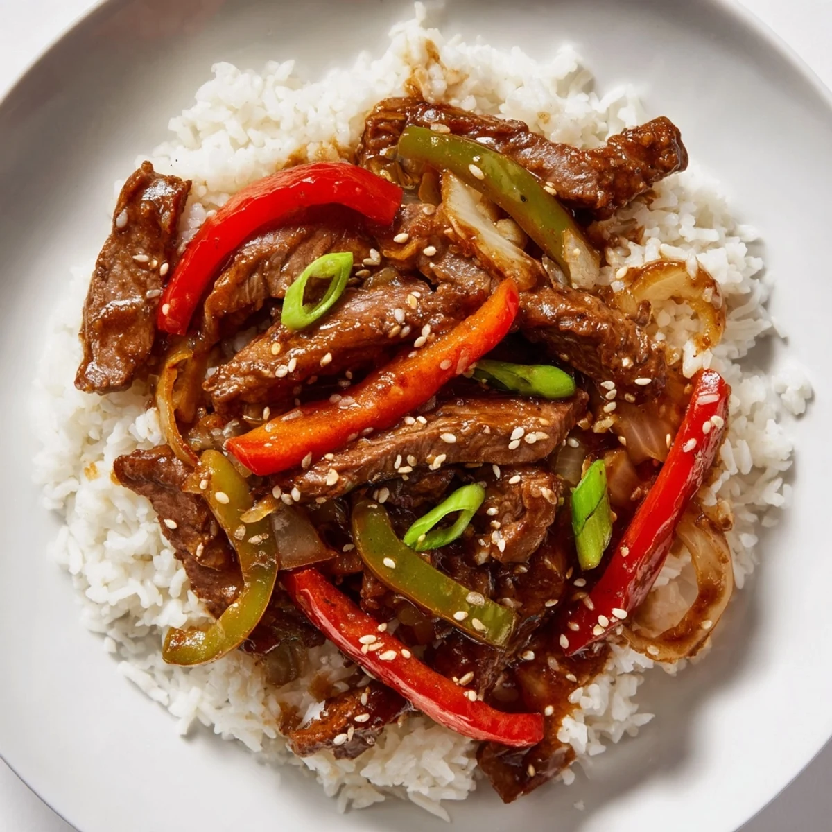Perfectly seared beef and crisp peppers in a savory glaze, served hot over a bed of jasmine rice.