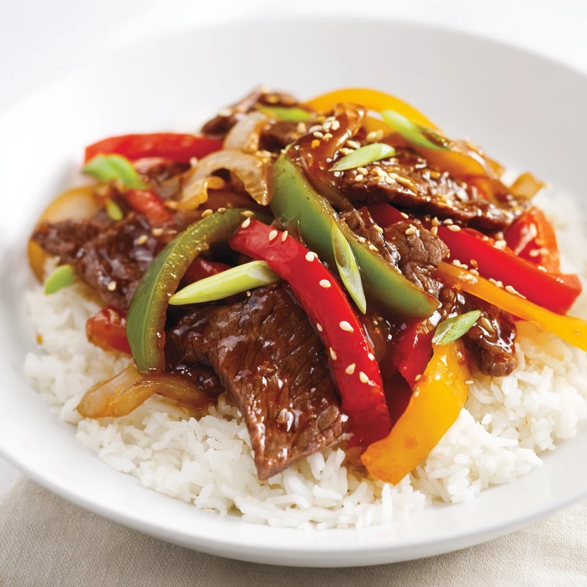 Colorful stir fry with tender beef and bell peppers, finished with sesame seeds on fluffy white rice.