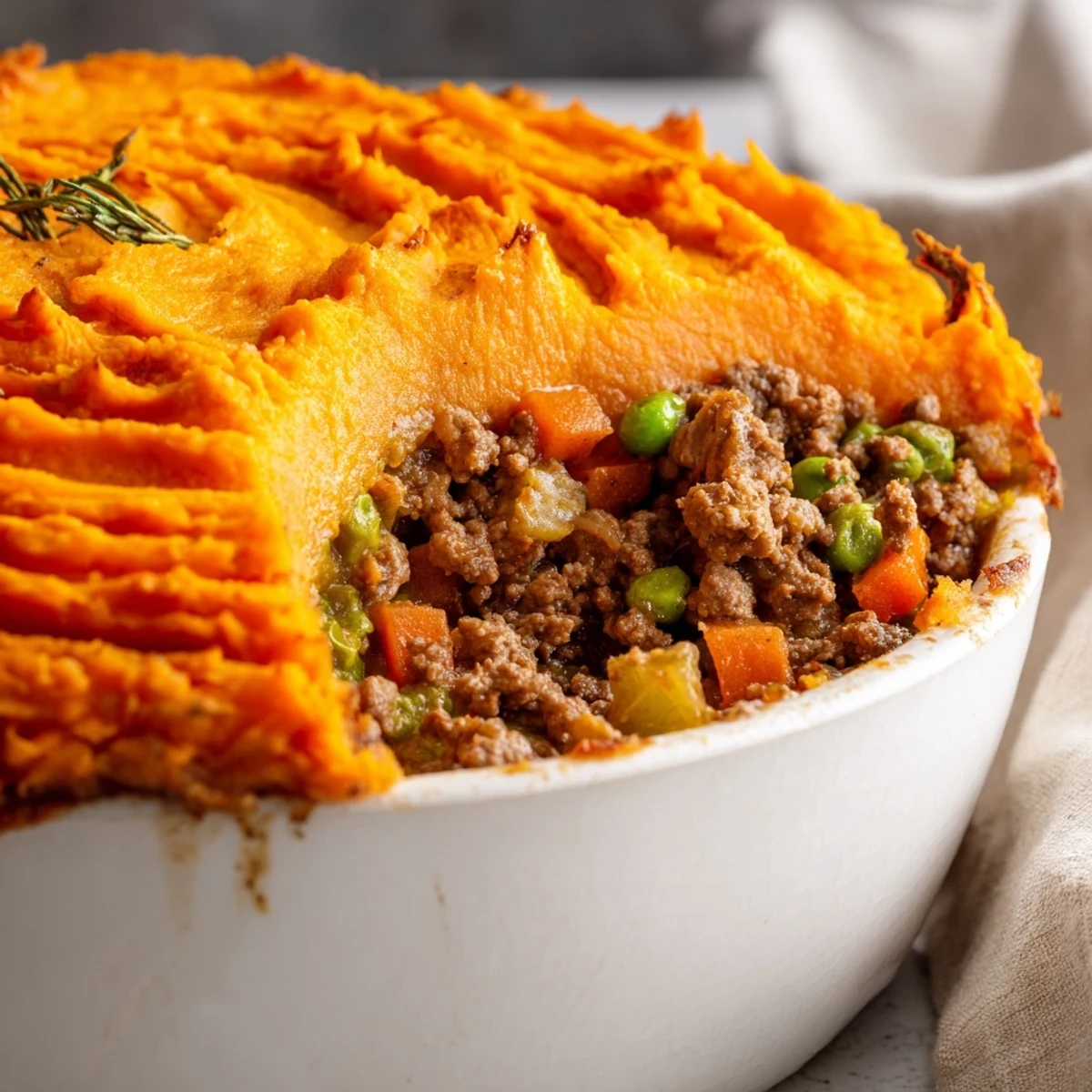 Golden sweet potato mash tops a bubbling, savory ground beef and vegetable filling in a rustic casserole dish.