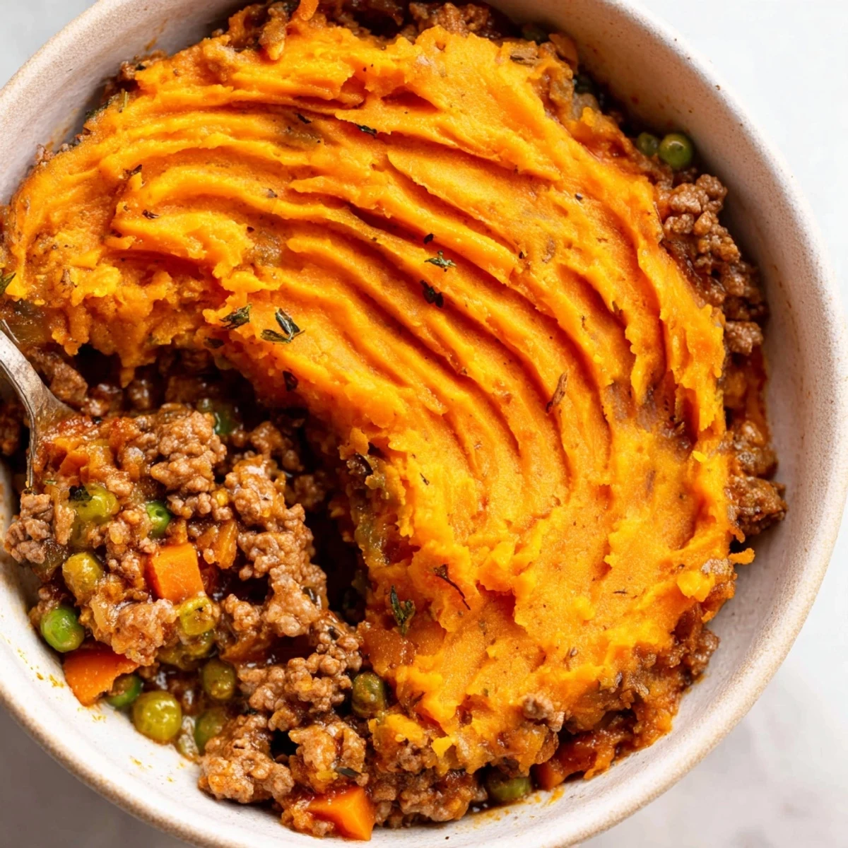 Creamy whipped sweet potato swirls cover seasoned beef, carrots, and peas for a hearty family dinner meal.