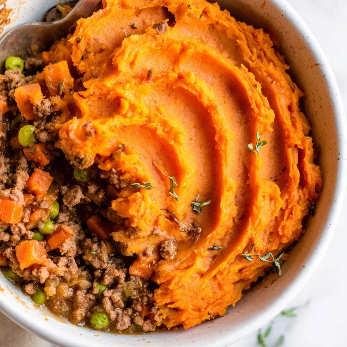 A fork-textured sweet potato crust sits atop a rich Beef Shepherds Pie with Sweet Potato Mash, served hot.