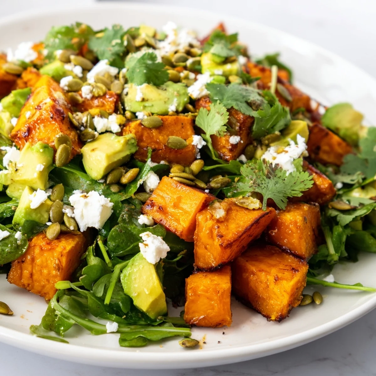 Golden roasted sweet potato salad with creamy avocado and fresh greens, topped with pumpkin seeds and zesty lime dressing.