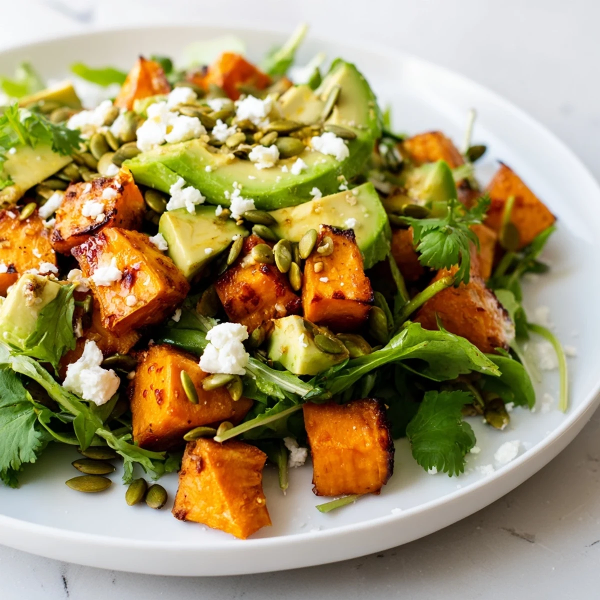 Warm caramelized sweet potatoes and red onion mixed with arugula, cilantro, and feta, drizzled with a honey lime vinaigrette.