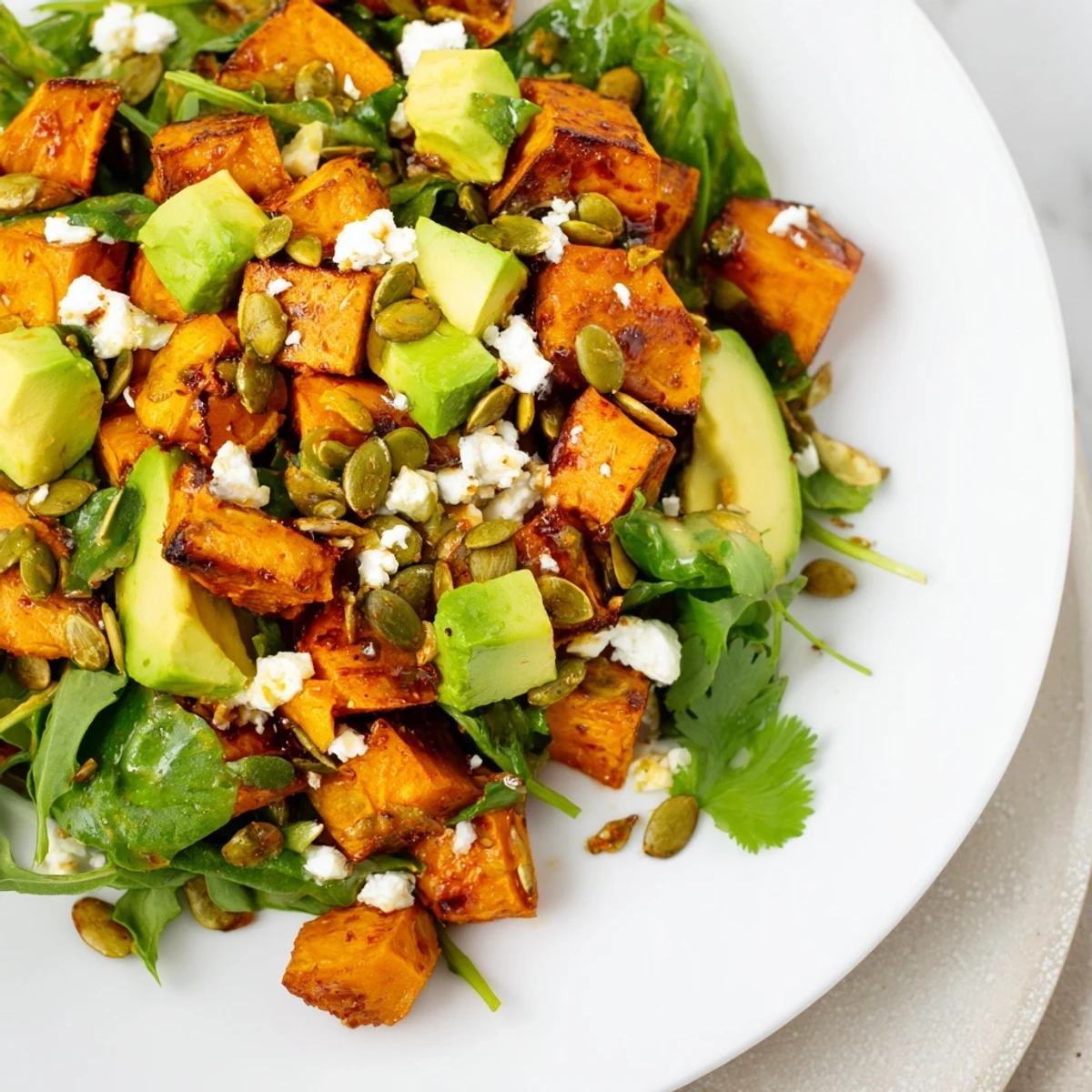 Colorful vegetarian side salad with tender roasted sweet potato cubes, avocado, and pepitas, tossed in a tangy homemade lime dressing.