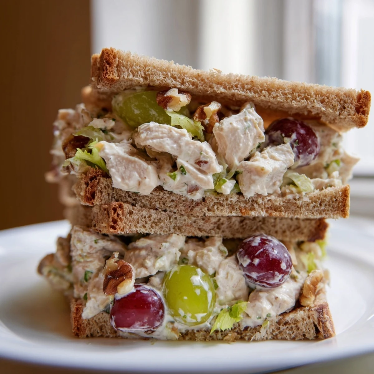 Freshly made Chicken Salad Sandwich with Grapes and Walnuts on toasted sourdough, garnished with parsley. Creamy chicken salad with sweet red grapes and crunchy walnuts on whole grain bread, served with chips. Chilled Chicken Salad Sandwich with Grapes and Walnuts on a rustic wooden board with crisp lettuce and butter.