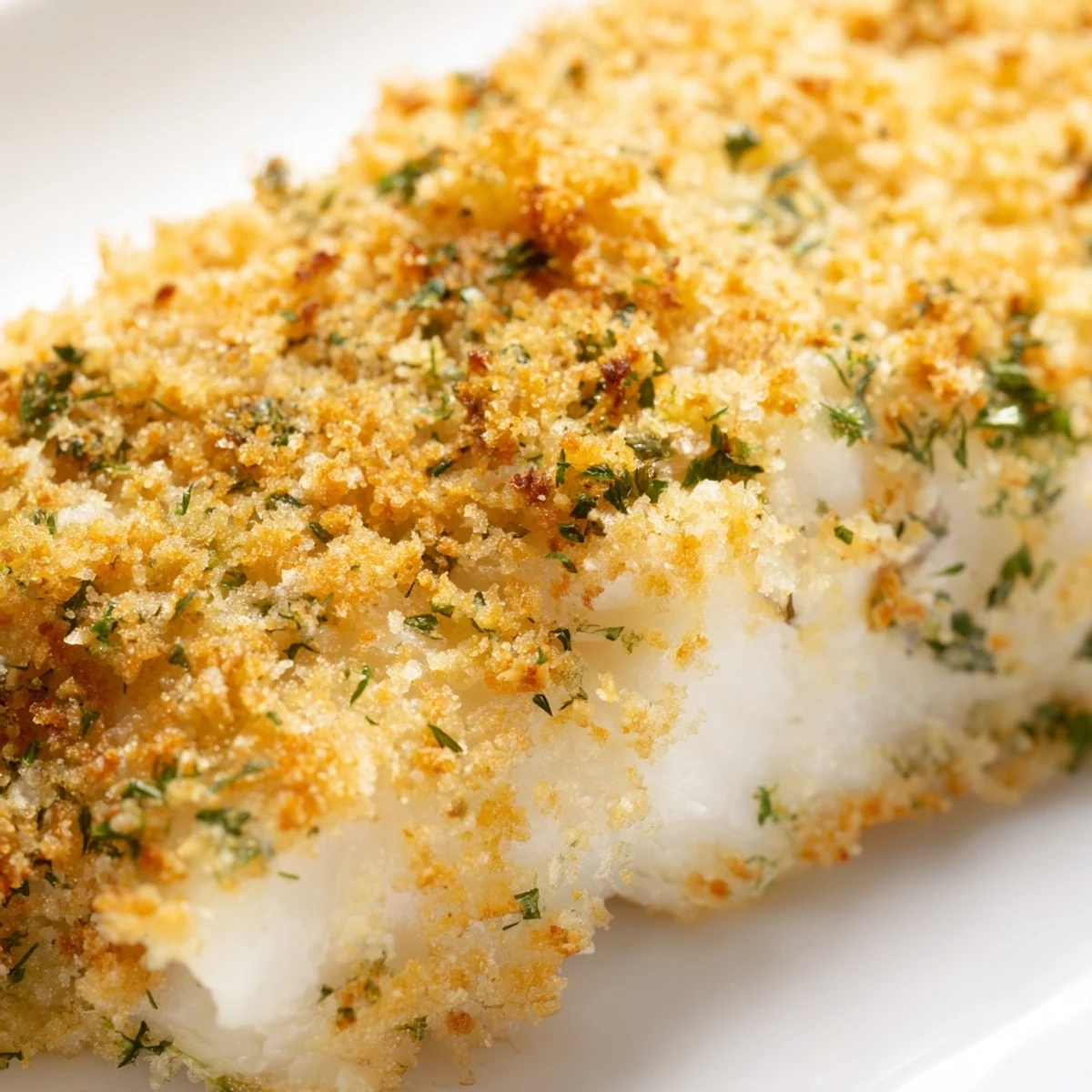 Flaky white fish topped with a crispy panko and herb crust, plated with roasted potatoes and a glass of Sauvignon Blanc for an elegant dinner.