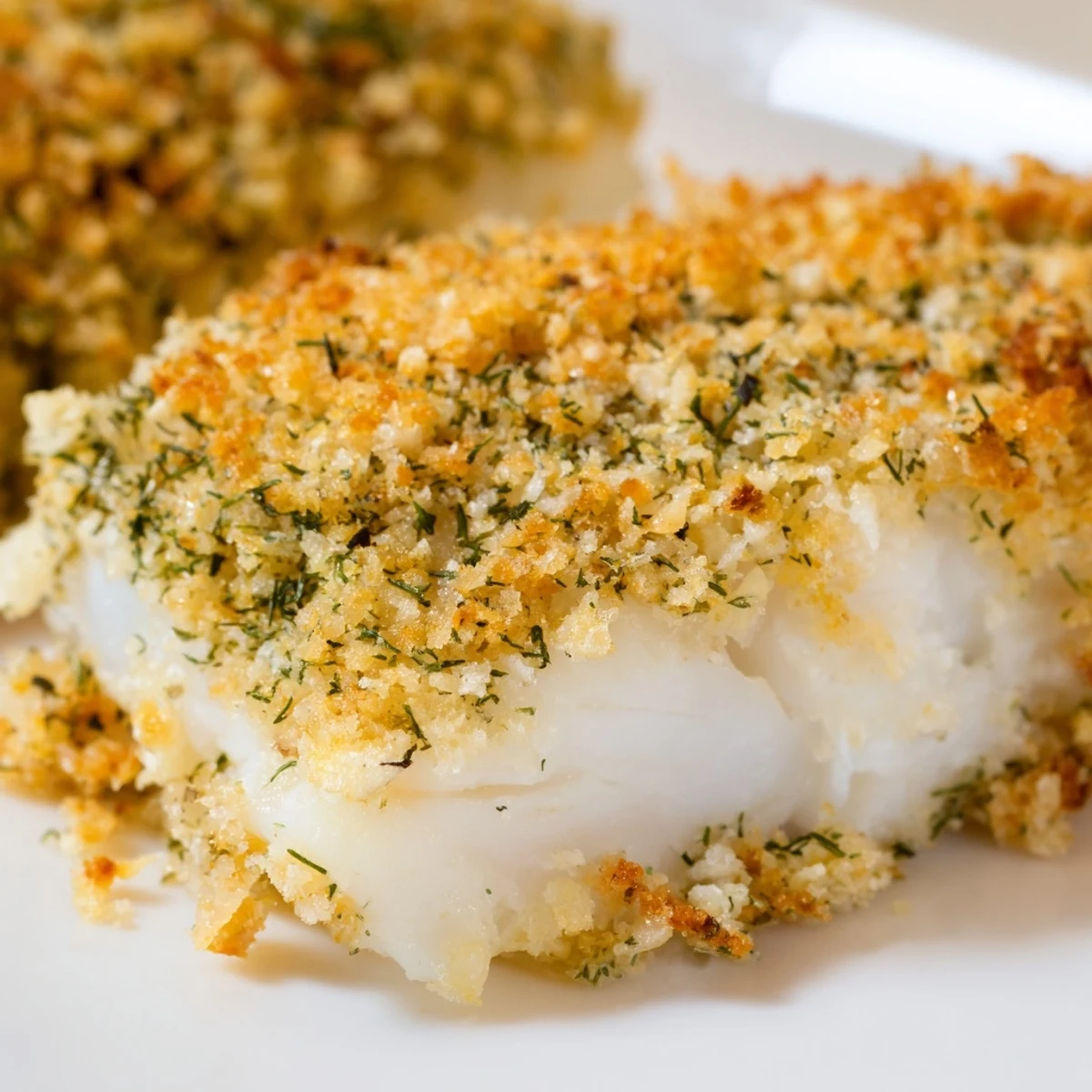 Golden-brown Baked Cod with Panko and Herb Crust fillets fresh from the oven, served with lemon wedges and parsley garnish on a baking sheet.