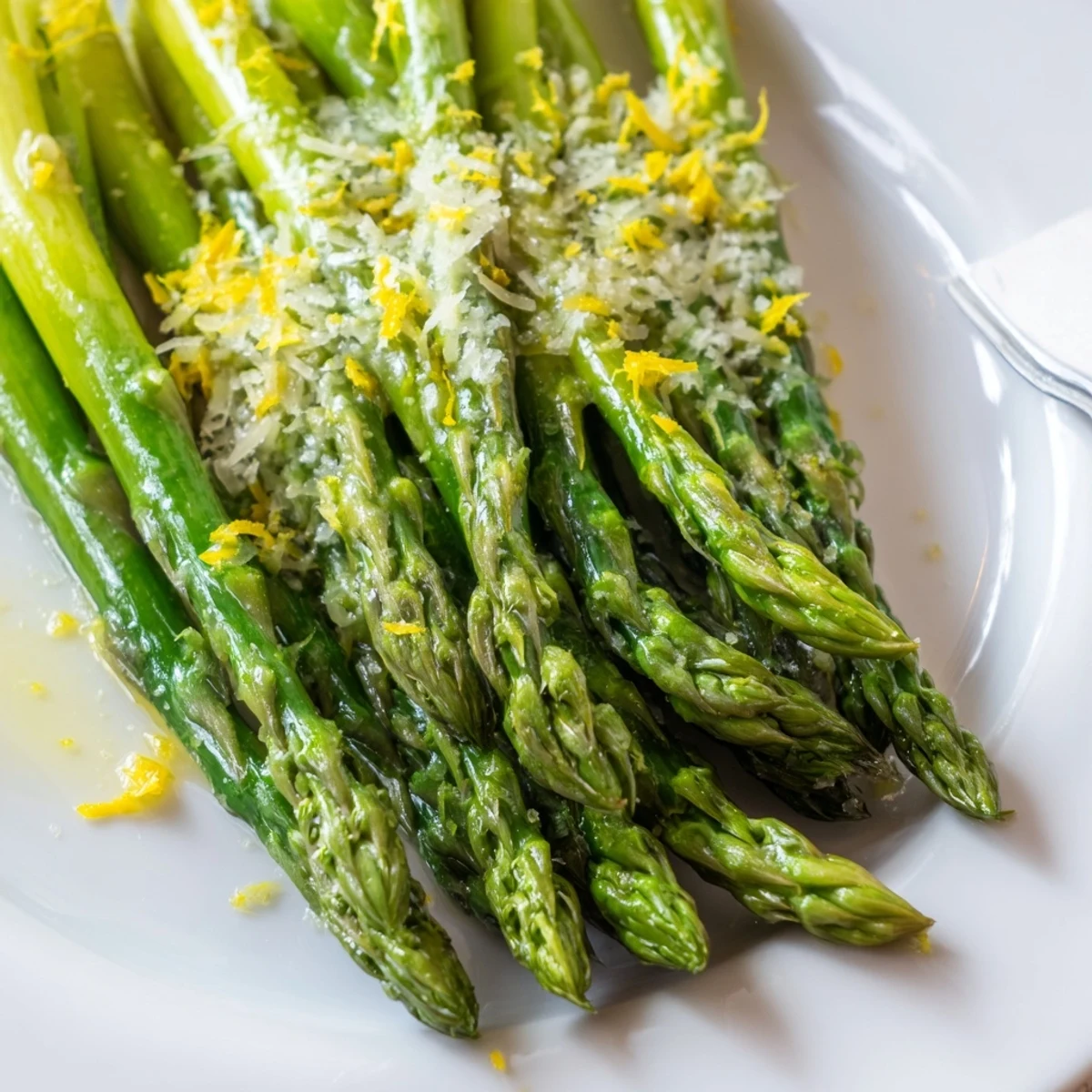 A vibrant serving of Lemon Garlic Asparagus with Grilled Parmesan, perfect alongside roast chicken or grilled fish for a fresh, quick dinner.