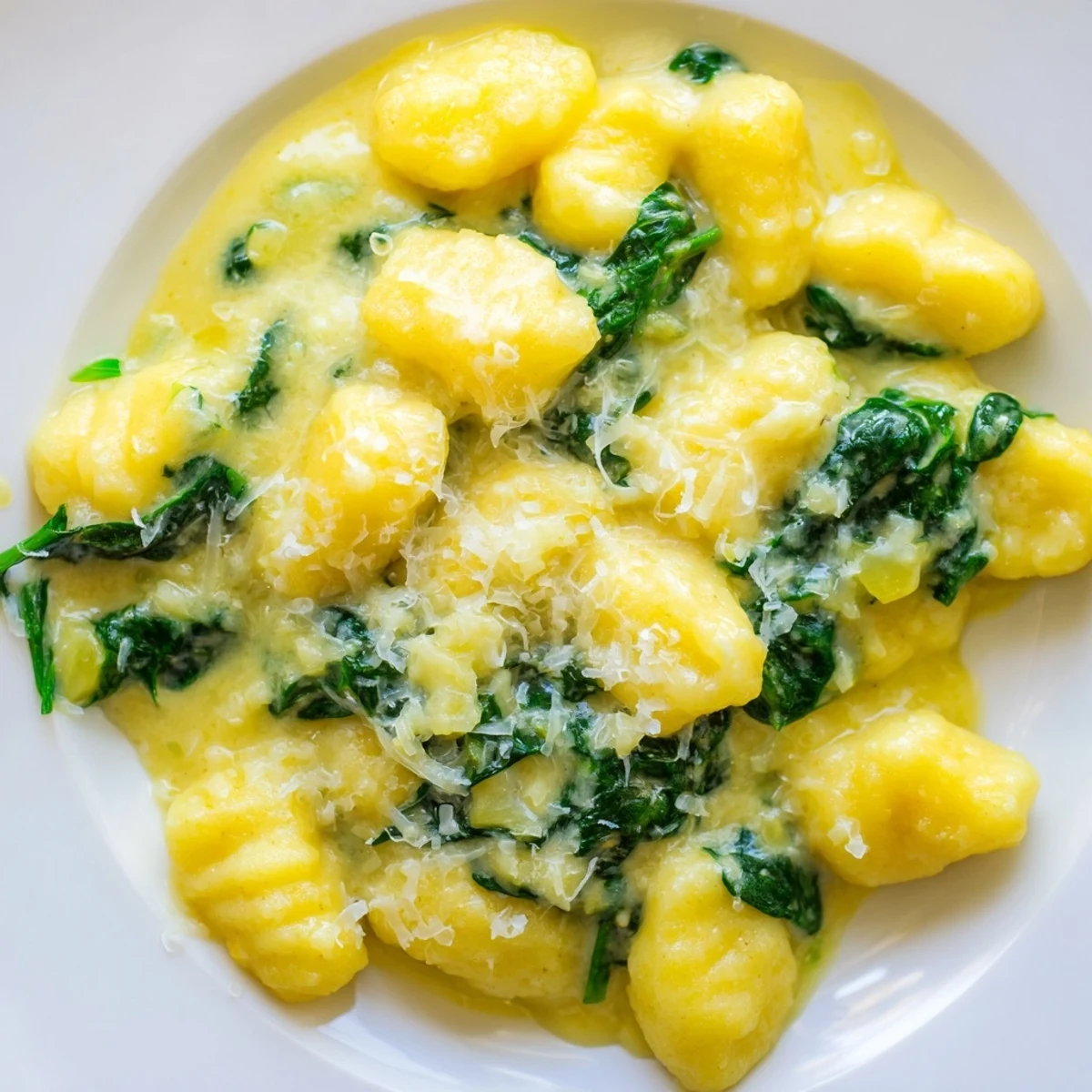 Plate of Creamy Gnocchi with Spinach and Cream Sauce topped with grated Parmesan and a golden spoon.