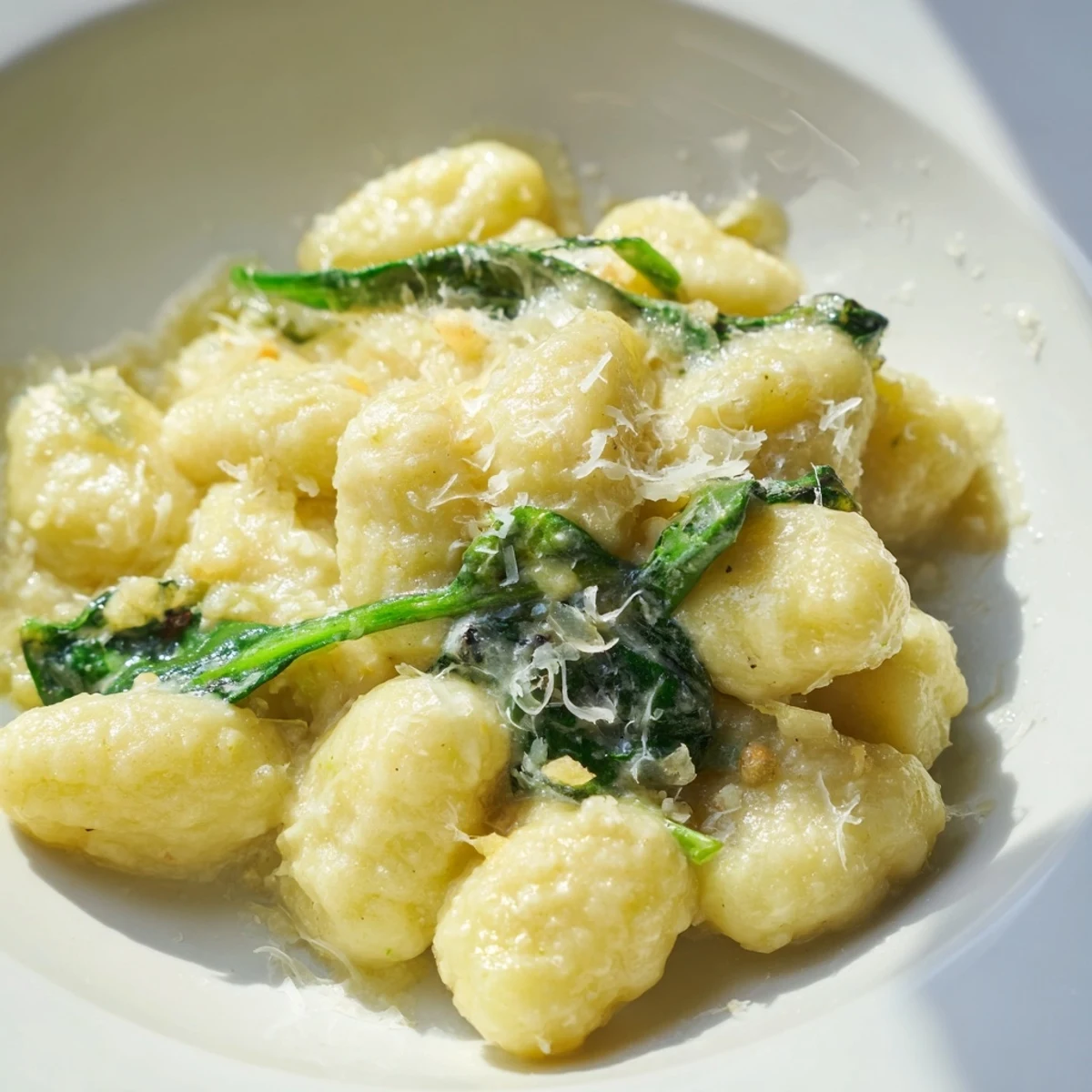 Steaming Creamy Gnocchi with Spinach and Cream Sauce in a skillet, ready to serve with crusty bread.