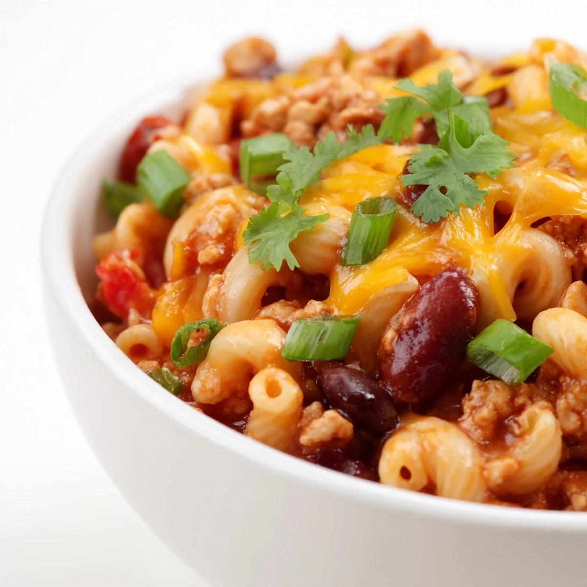 A steaming pot of Turkey Chili Mac and Cheese with Cheddar reveals creamy pasta and hearty beans in a rich tomato sauce. 