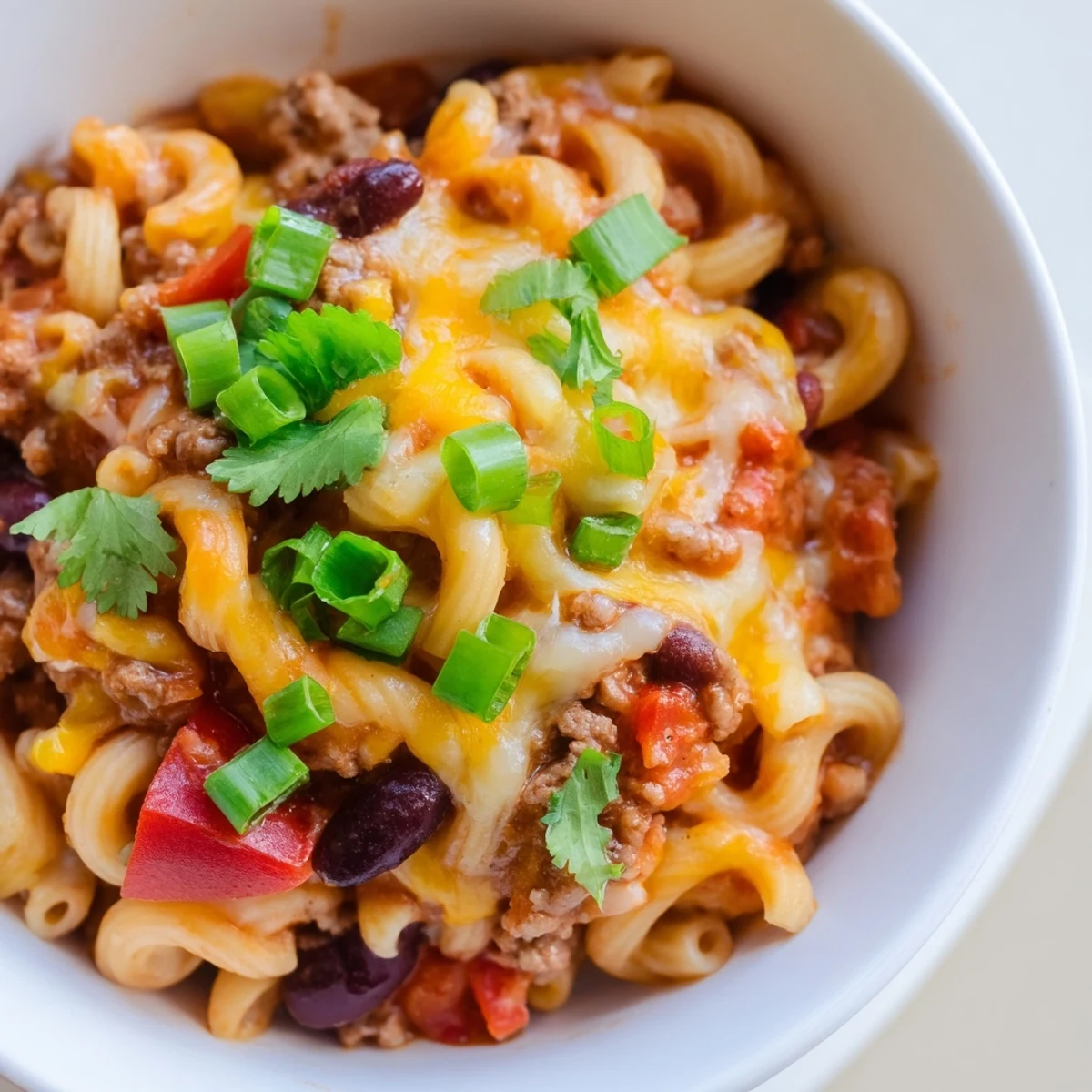 Freshly shredded sharp cheddar melts over the top of Turkey Chili Mac and Cheese, garnished with cilantro and green onions. 